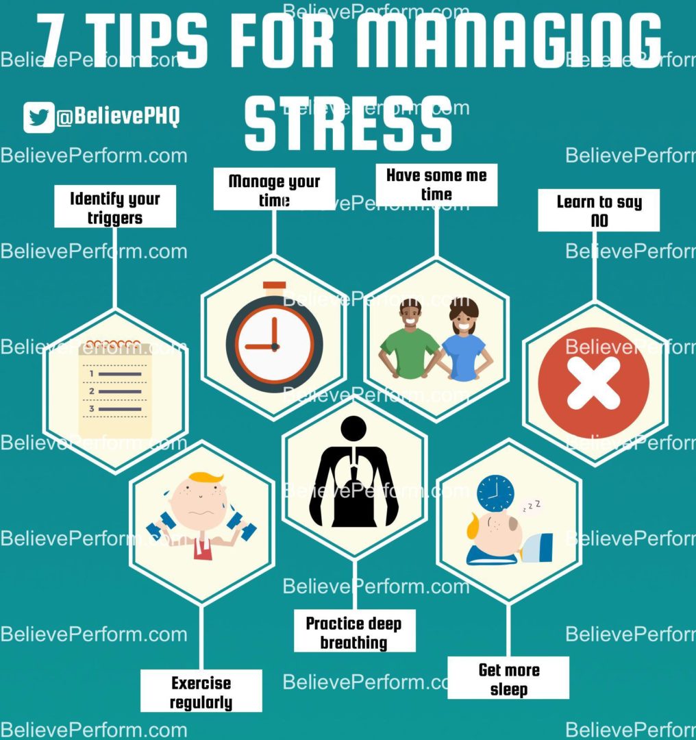 7 tips for managing stress Infographics Believe Perform